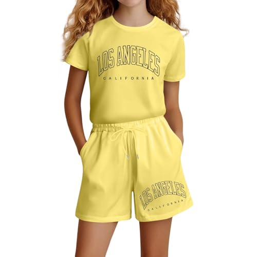 Girls Summer Outfits Los Angeles Letter Print Graphic T Shirts and Drawstring Shorts Casual 2 Piece Clothing Sets 3-14 Years