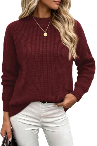 Fall Cozy Sweaters for Women Fall Outfits Knit Mock Neck Burgundy Tops Wine M