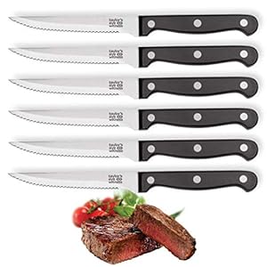 6-delige steakmessenset – steakbestek – 6 traditionele steakmessen – drievoudig geklonken zwart composietmateriaal handgrepen – sterke full tang gekartelde roestvrijstalen mes snijdt tandvlees