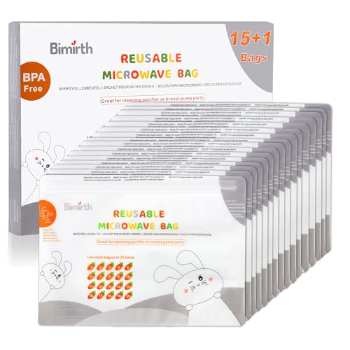 Bimirth Microwave Steriliser Bags Steam Steriliser Bags Pack of 16 Reusable Cleaning Baby Bottles Pacifier Teethers & Training Cups 20 Uses Per Bag Only 3 Minutes Marking System Chemical Free