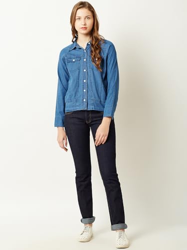Image of Miss Chase Women's Polo Neck Full Sleeves Patch Pocket Denim Overcoat Knee-Length Jacket