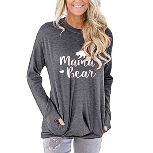 FREEPPCC Mama Bear Sweat-shirt à manches longues avec poches pour femme Motif lettres imprimées, Gris foncé, L Cover