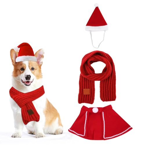 Kleemeiero 3 Stück Hundekostüm Weihnachten Weihnachtskostüm Hund Klein Hunde Weihnachtsmütze Hundehüte Schal Mantel Weihnachtsoutfit Hundemütze Winter Weihnachtskleidung Set für Hund Katzen Haustier