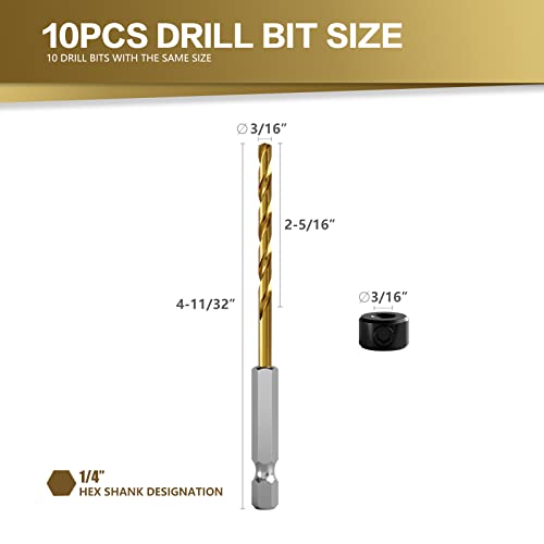 Csoom Titanium Twist Drill Bit Set, 10 Pcs Of 3/16” Twist Drill Bits With 1 Extra Drill Locator, High Speed, For Metal, Wood, Plastic Etc. #TOP1