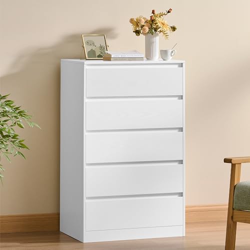 VASAGLE Chest of Drawers for Bedroom Storage Organiser Unit with 5 Drawers 40 x 60 x 97.4 cm Modern Style Snow White KAILYN Collection LTS605WE01