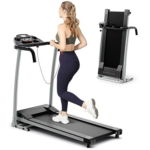 SPOTRAVEL Folding Treadmill, 2.0HP Jogging Walking Running Machine with 12 Preset Programs, LCD Display, 2 Wheels & Bottle Holders, Portable Electric Motorized Treadmill for Home Office, 10 km/h