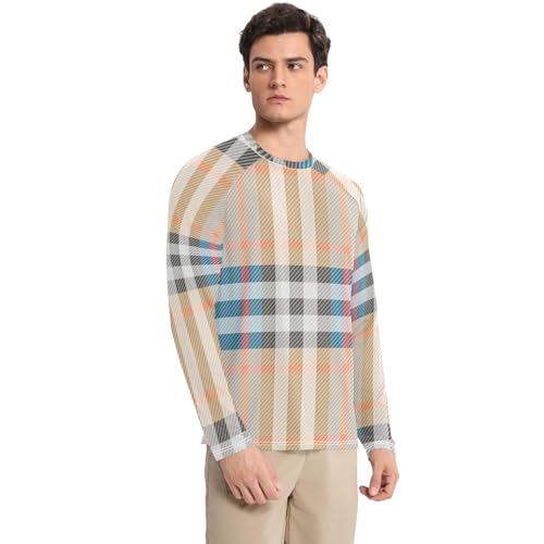 Yellow Plaid Fashion Blue Men's UPF 50+ Loose Crew Neck Comfort Mens Sun Shirts UV Protection Long Sleeve Beach3