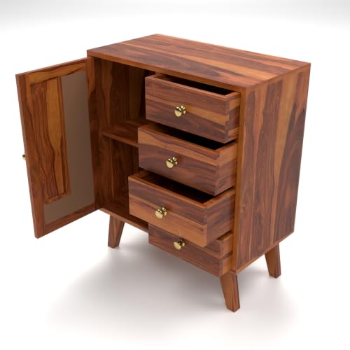 Image of Solid Sheesham Wood Chest of Drawers with Cane Panel | Wooden Storage Cabinet with 4 Drawers & 1 Door