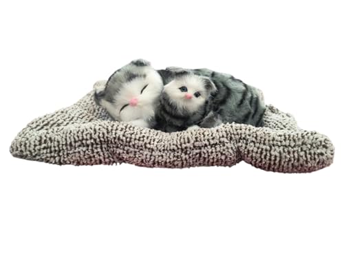 Image of Realistic Sleeping Cat Plush - Mother & Kitten Set, Soft Decorative Toy for Kids, Home & Car Decor, 25 x 20 cm (Grey Stripes)