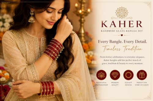 Image of Kaher Kashmiri Glass Bangle with gunghro Set for Women| Traditional, Fancy Glass Chudi Set for Festival, Wedding, and Party (Set Of 16)