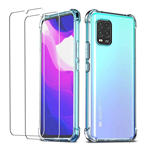 QHOHQ Hoesje voor Xiaomi Mi 10 Lite 5G (niet voor Xiaomi Mi Note 10 Lite) met 2 Pack Screen Protector, transparante zachte siliconen TPU Anti-Fall Cover - gehard glas film - [9H hardheid] [Anti-kras]