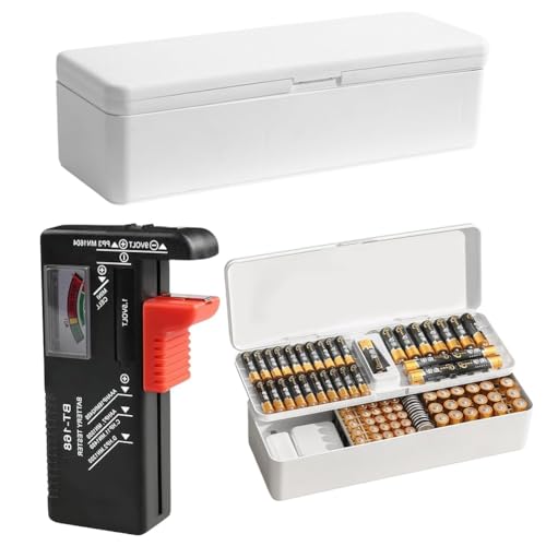 LOMUG Batteriebox Batterie Aufbewahrungsbox Organizer, Batteriebox mit Tester, Bietet Platz für 41 AA-Batterien, 55 AAA-Batterien und 19 Knopfbatterien, Weiß (Batterien Nicht Enthalten)
