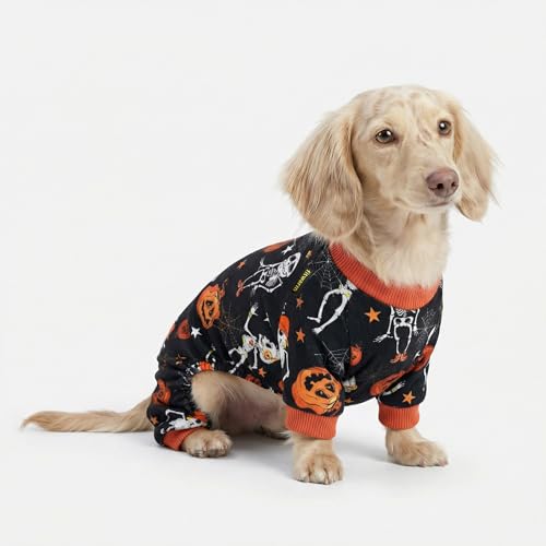 Image of Fitwarm Halloween Skeleton Dog Costume Lightweight Velvet Pajamas Pet Clothes Doggie PJS Puppy Onesie Doggy Outfits Cat Jumpsuits Black Large