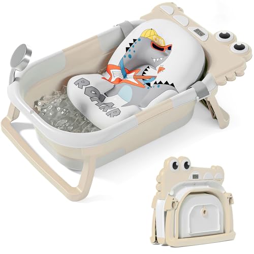 Image of TPN Collapsible Baby Bathtub for Infants to Toddler with Real-time Temp Monitor+Floating Cushion,Foldable Baby Bath Tub Set Applicable 0-36 Month,Perfect Portable Travel Baby Tub for Newborns Boy