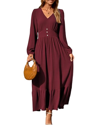 Dokotoo Womens Dresses Fashion 2025 Long Sleeve V Neck Maxi Dresses Elegant Casual Flowy Tiered Boho Beach Vacation Outifits