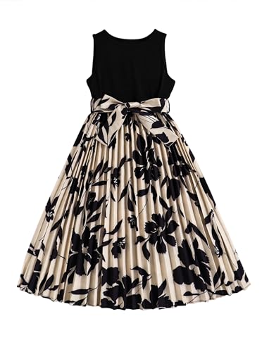 Hilinker Girls Floral Sleeveless Pleated Dress Summer Tie Knot Tank Dresses with Belt
