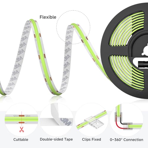 Image of BTF-LIGHTING Ice Blue COB LED Strip Light, UL Listed 480LED /m High Density Uniform Light,16.4FT DC12V 8mm Width 3M Tape Light for Cabinet Bedroom Home Indoor DIY Lighting(No Adapter or Controller)