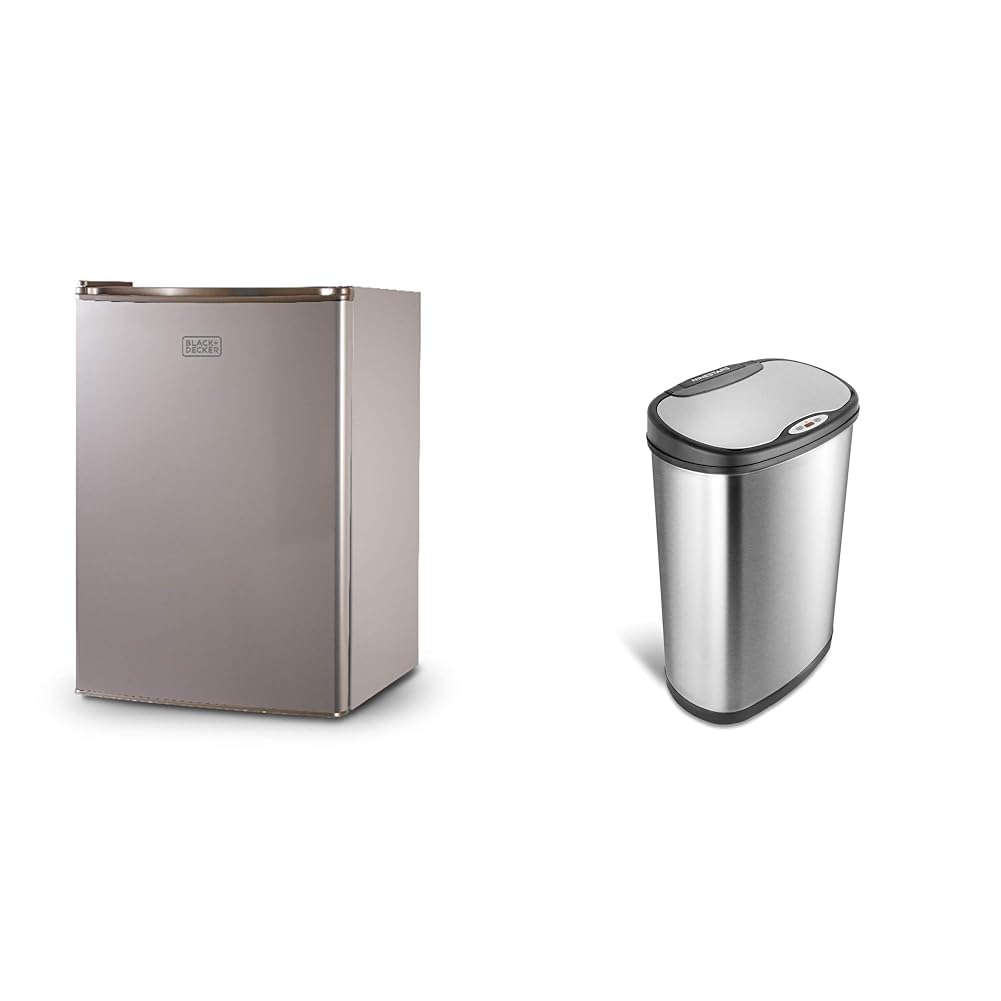 BLACK+DECKER BCRK25V Compact Refrigerator Energy Star Single Door Mini Fridge with Freezer &amp; NINESTARS DZT-50-13 Automatic Touchless Motion Sensor Oval Trash Can with Black Top, 13 gallon/50 L