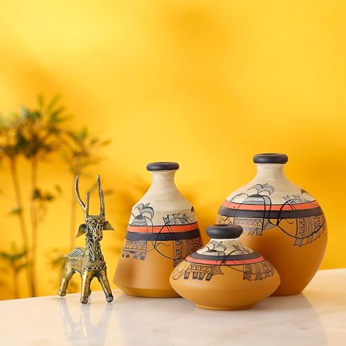 Image of Aakriti Art Creations Yellow Terracotta Vases with Madhubani Tattoo Art Set of 3 | Hand-Painted Flower Vases | Matte Finish Decorative Vases for Living Room, Table Decor & Gifting