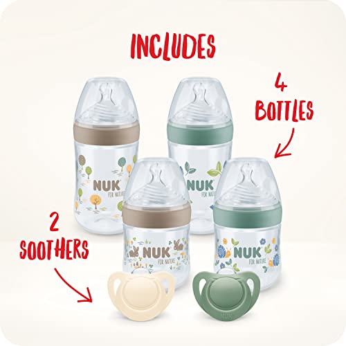 NUK for Nature Perfect Start Baby Bottle & Dummy Set, 0-6 Months, 100% Natural Raw Materials, 4 x Bottles (150 ml & 260 ml), 2 x Silicone Soothers, BPA-Free, 6 Count - Image 2