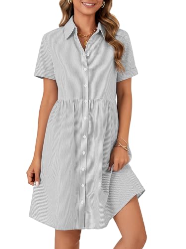 Image of Rooscier Women's Striped Shirt Dress Button Down Collared Short Sleeve Mini Dress