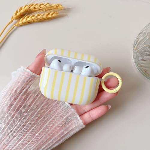 Image of MINSCOSE for AirPods Pro 3rd Generation Case (2025),Cute Striped Aesthetic Pattern Design with Girly Keychain Ring,Soft TPU Protective Shockproof Cover with Cleaner Kit for Airpods Pro 3-Yellow