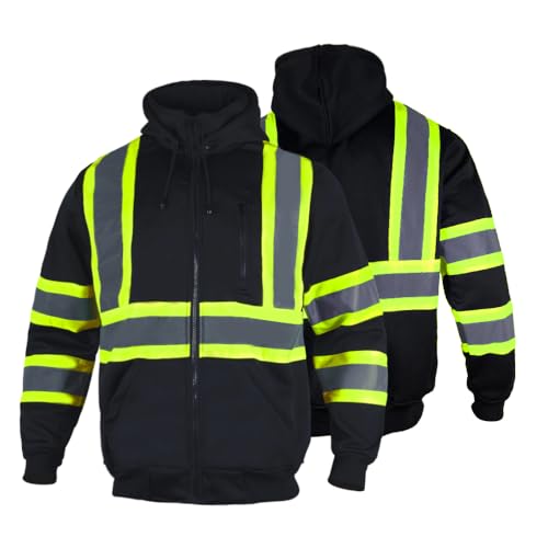 FONIRRA Hi Vis Safety Fleece Zip Hoodie for Men Reflective Sweatshirts ANSI Class 3 Jackets Detachable Hood (Black,L)
