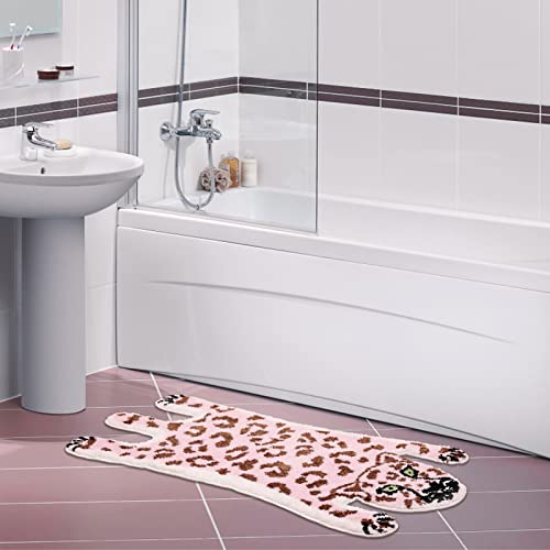 Panstar Cute Pink Leopard Bath Mat For Bathroom, Cute Cartoon Bath Mat Non Slip Animals Shaped Absorbent Bathtub Rug Bathroom Plush Shower Rugs #TOP4