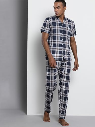Image of The Indian Garage Co Men Regular Fit Checkered Pant & Shirt Lounge Set