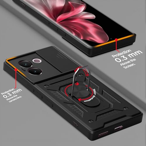 Image of Pikkme Back Cover for Vivo V30e 5G | Sliding Camera Shield with Ring Stand | D10 Full Camera Protection Bumper Case (Black)