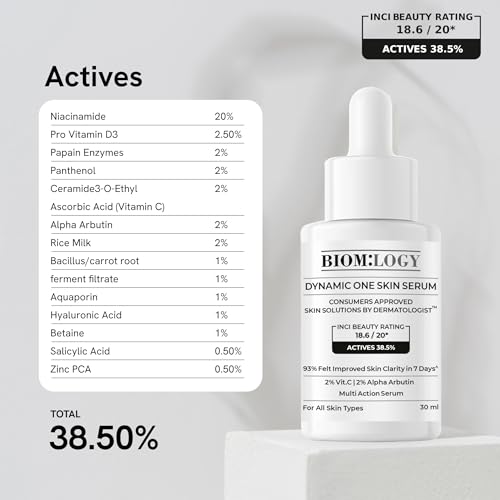 Image of Biomlogy All in 1 Multi Active Face Serum | 20% Niacinamide, 2% Vit C | Brightening, Firming, Premature Anti-Aging, Pigmentation | Improves Barrier, Overall Skin in 4 Weeks | 38.5% Actives| 30ml