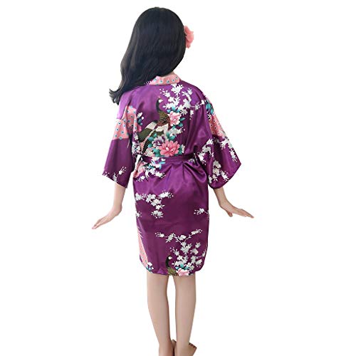 Satin Kimono Robe, Toddler Girls Peacock Floral Silk Bathrobe Party Wedding Nightgowns Kids Wrap Sleepwear (Purple, 2-3 Years)