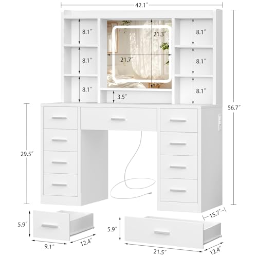 Image of Quimoo Vanity Desk with Mirror, LED Lights and Power Outlet Makeup Vanity Table with 9 Drawers and 7 Storage Shelves Dressing Table for Bedroom Dressing Room (White)