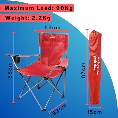 Eurohike Peak Folding Chair with Drinks Holder & Arm Rests for Adults & Kids, Lightweight, Portable, Compact, Ideal for Camping, Festivals, Picnics, Beach & Outdoor Events (Red)