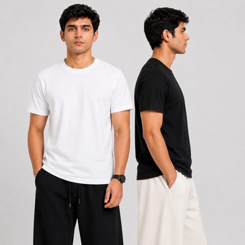 Image of PeaceOut Men's Premium 100% Cotton T Shirt | Plain | Round Neck | Half Sleeve-Regular Fit | Combo Pack of 2 | Black and White