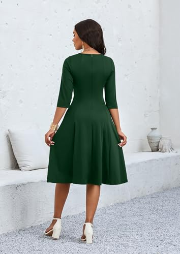 Image of CLOCOR Casual Midi Dresses for Women A-Line Fit and Flare Elegant Church 3 /4 Sleeve Crew Neck Dress with Pocket