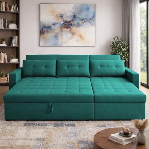 Image of Emilio 4 Seater RHS L - Shape Pull-Out Sofa Cum Bed Sofa for Living Room (Pine Fabric Color) Premium Fabric Sofa Set for Living Room Sofa Cum Bed