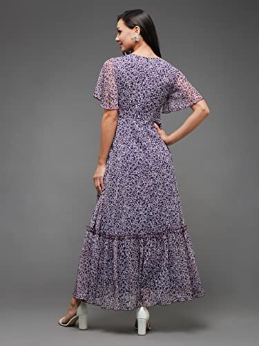 Image of Miss Chase Women's Multicolored-Base-Brown Relaxed Fit Maxi Lurex Chiffon Dress