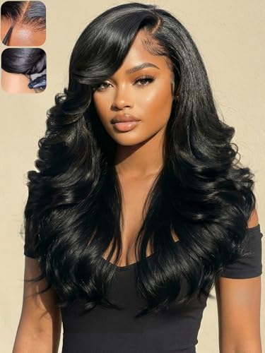 Image of KLAIYI Pre Everything Glueless Layer Side Part Loose Body Wave 13x4 Lace Front Wigs Human Hair Drawstring Curtain Bangs Face framing Pre Bleached Knots Pre Plucked 3S Ready to Put On and Go Wig 20Inch