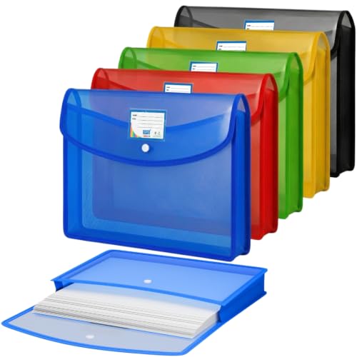 SPS File Folder, Transparent Poly-Plastic A4/Foolscap Documents File Storage Bag with Snap Button Set of 5/ Certificate File Folder
