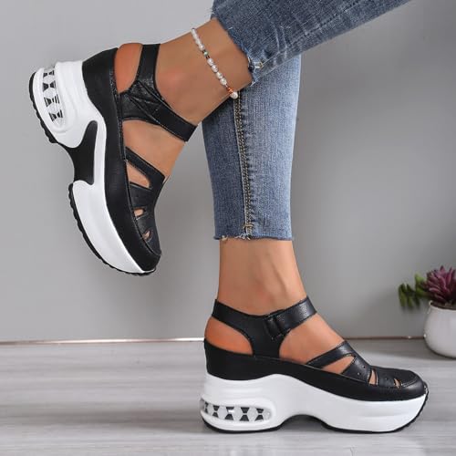 Orthopedic Shoes for Women 2025,Hook And Loop Hollow Platform Sandals Closed Toe Comfortable Walking Wedges Non Slip Thick Sole Retro Old Fashion Dressy Shoes with Soft Sole Air Cushion4