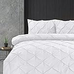 Linen Home Pintuck White Duvet Set Pinch Pleat Soft Microfibre Double Bed Quilt Cover with 2 Pillowcases, Easy Care Wrinkle Free Bedding Set of 3 Pcs (White, Duvet Cover Set)