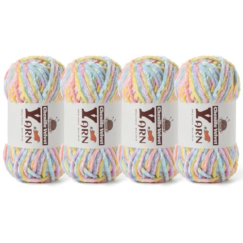 Image of 4 Pack Plush Chenille Chunky Yarn - Fluffy Velvet Yarn Crochet for Blanket Knitting and Crocheting - Soft Baby Yarns for Crocheting - Amigurumi Crochet Yarns 100g (87yds) (4 Macaron)