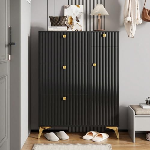 Scarpiera stretta 121x90x25cm in nero - 3 porte + 1 porta e cassetto | Scarpiera compatta con vani inclinati per corridoio/appartamento