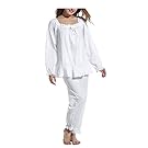 Womens 2 Set Cotton Victorian White Long Sleeve Pajama Set Nightgown Sleepwear