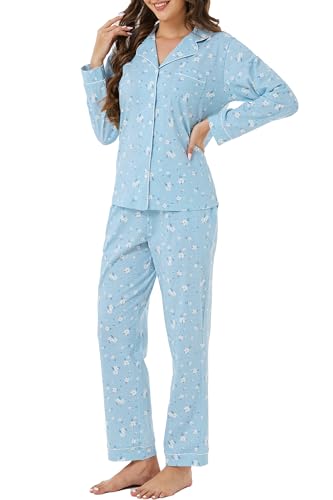 Image of LUBOT 100% Cotton Pajamas for Women Pajama Set 2 Piece PJ Sleepwear Set Soft Ladies Button Knit Long Sleeve Loungewear XS-XXL