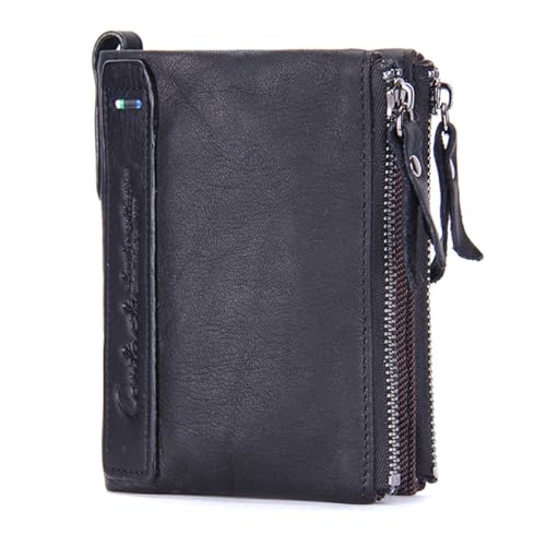 Image of CONTACTS Soft Leather Wallet for Women and Men Small Bifold Coin Purse Double Zipper Card Holder with RFID Blocking (Black)