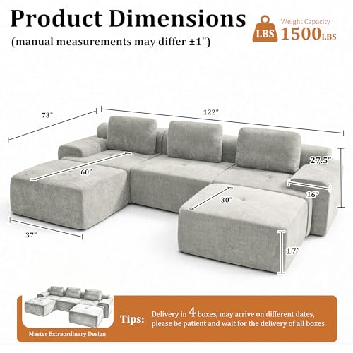 Image of 122 inch U-Shaped Modular Sectional Sofa, Oversized Boneless Cloud Couch for Living Room with Extra Deep Seat & High Back, Tool-Free No Assembly, Soft Chenille (Light Grey, 122 inch-U Shaped（3+2）)