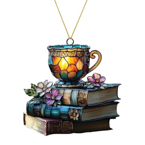 Stylish Stained Acrylic Suncatcher with Flower, Book & Tea Designs, Charming Books Ornament Sun Catchers for Windows, Perfect Bookish Gifts for Book Lovers, Reader & Women