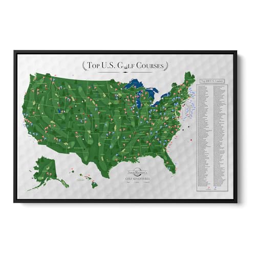 Image of Push Pin Travel Maps Top 200 Golf Courses USA Canvas - Personalized Golf Course Tracker with Pins, Framed Golf Wall Decor - Black Float Frame - 30 inch x 45 inch